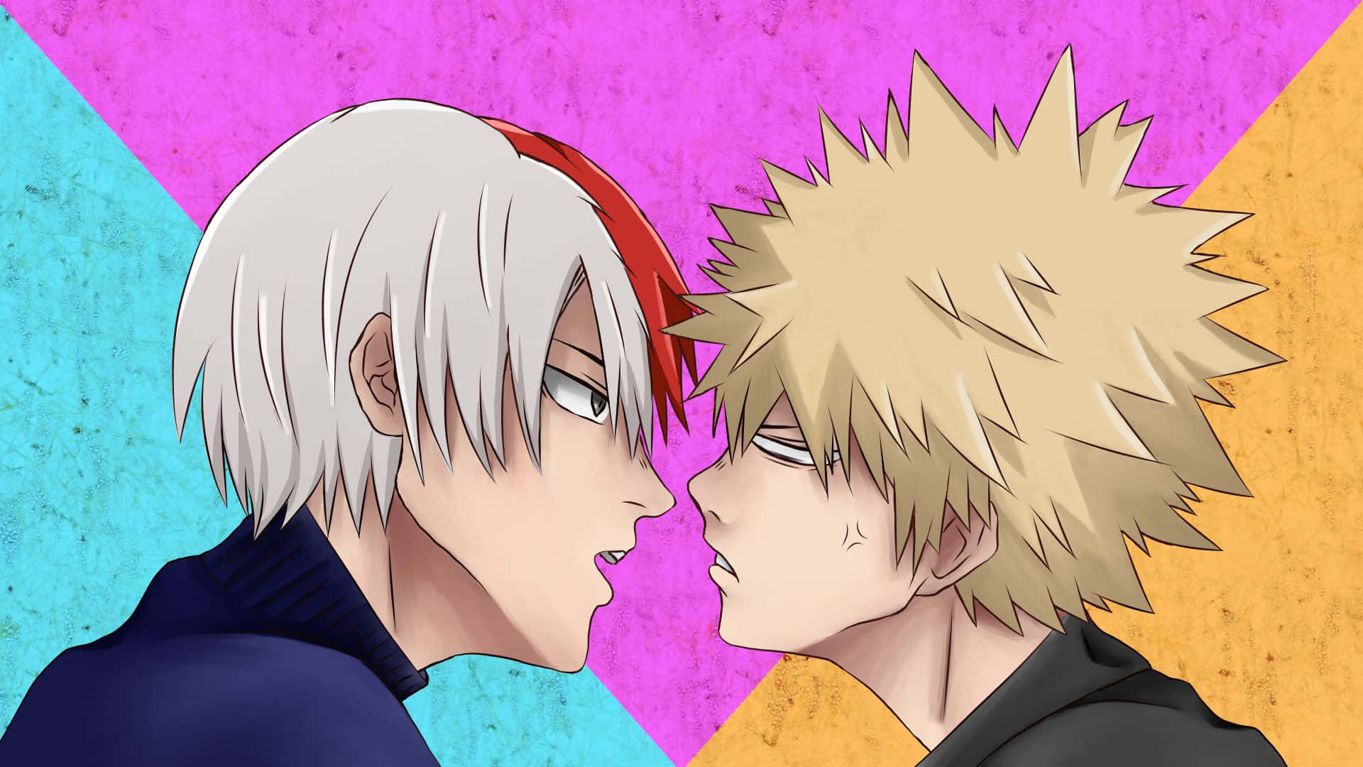 To anime-karakterer kysser i front af et farverigt baggrund Wallpaper