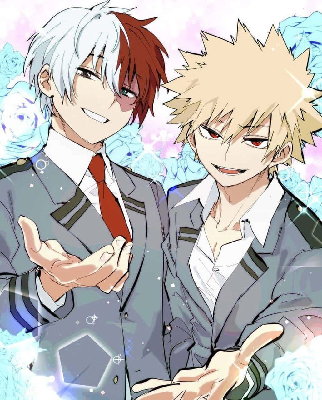 To anime drenge i skoleuniformer med blomster Wallpaper