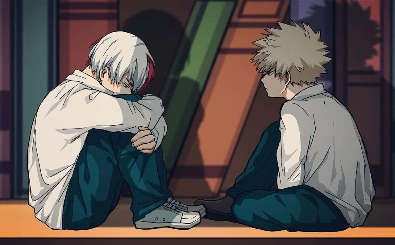 To anime-karakterer siddende på gulvet Wallpaper