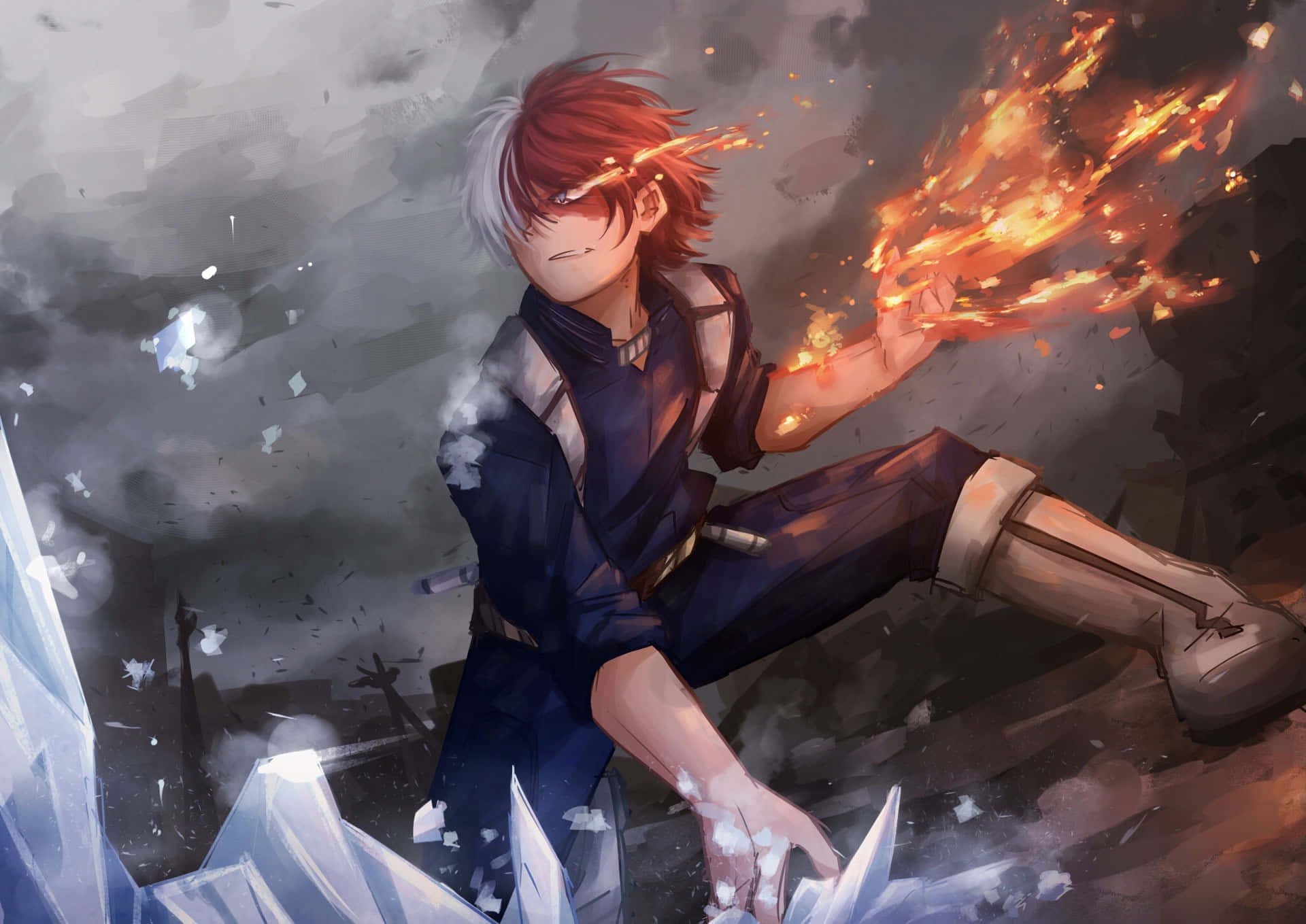 A Character With Red Hair And White Hair Is Holding A Fire Wallpaper