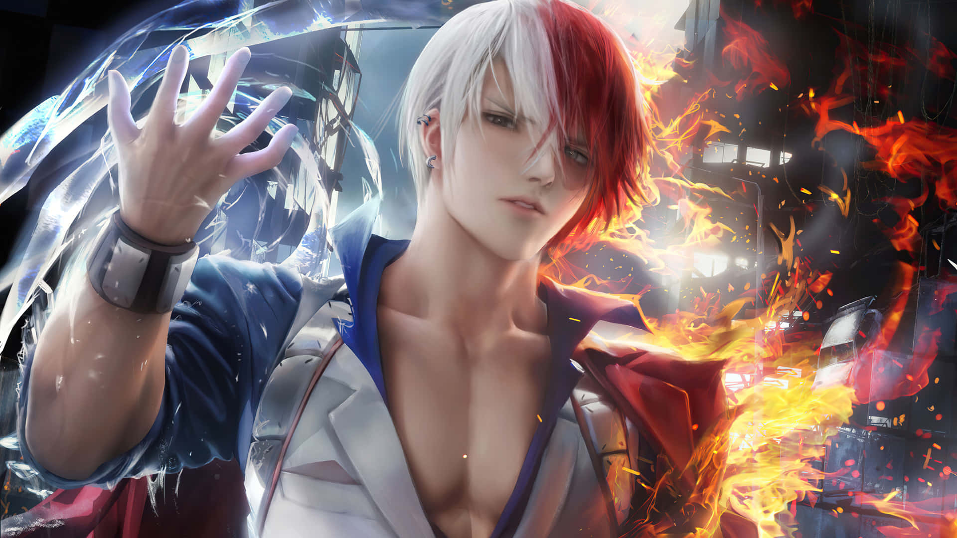 A Man With Red Hair And White Hair Is Holding A Fire Wallpaper