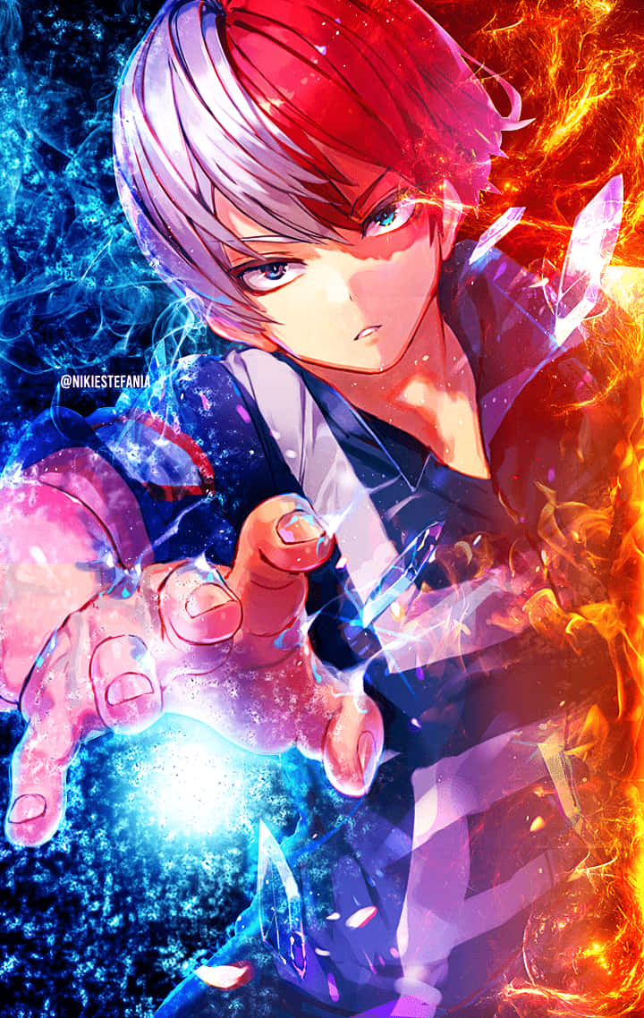 A Character With Red Hair And Blue Hair Holding A Fire Wallpaper