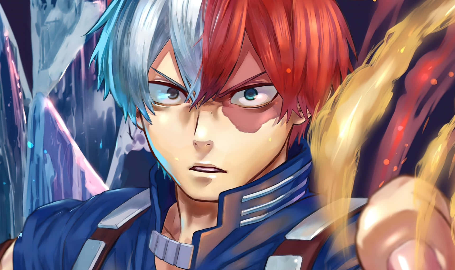 Shoto Todoroki exhibits his dual fire and ice Quirk in My Hero Academia.