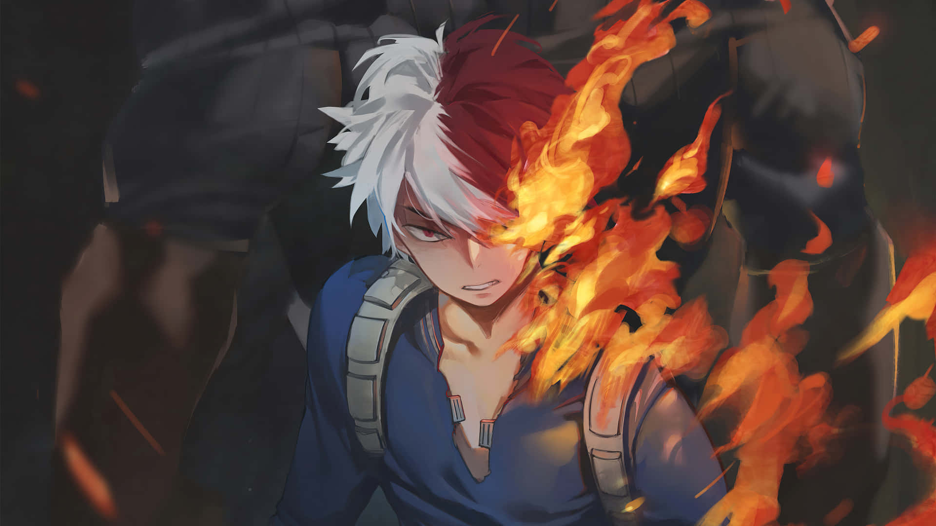 En karakter med hvidt hår og rødt hår står foran ilden