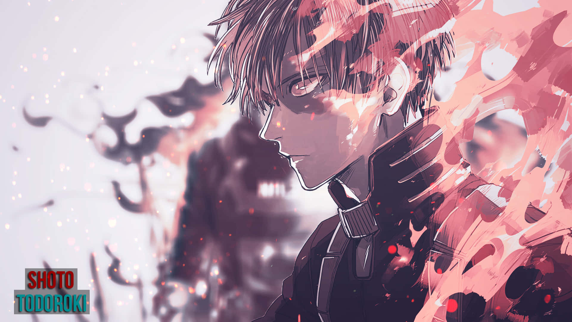 Denne baggrund indeholder en afbildning af helten Shoto Todoroki med ild og is.