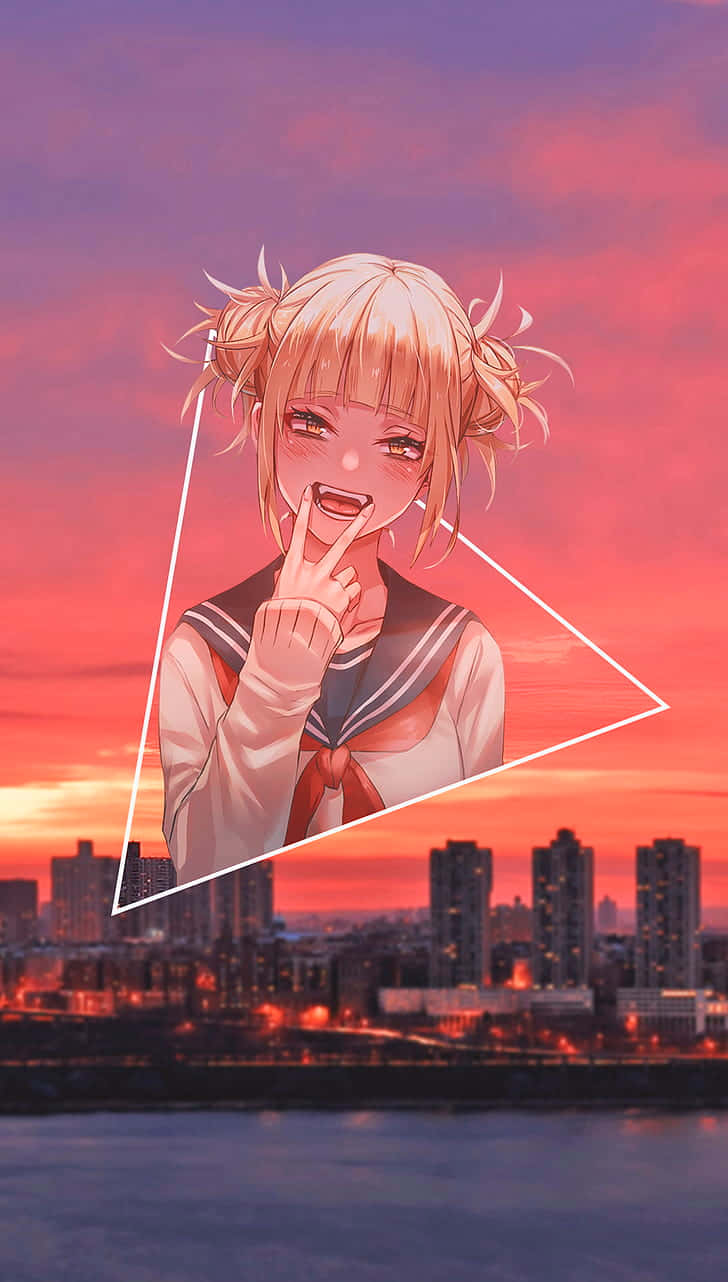 A Girl With Blond Hair Is Holding A Triangle In Front Of A City Wallpaper