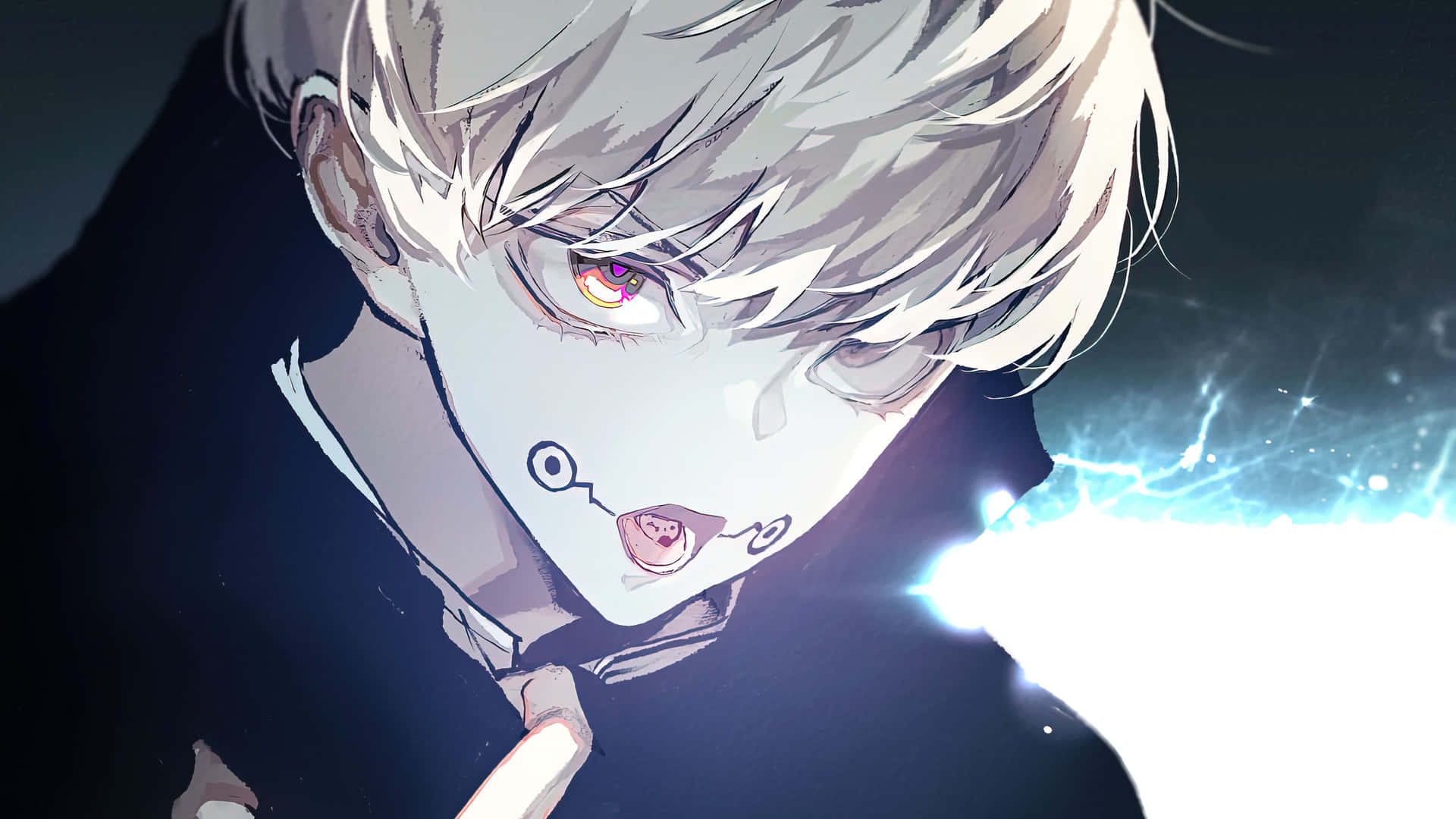 A Boy With Blond Hair And Red Eyes Is Holding A Flashlight Wallpaper