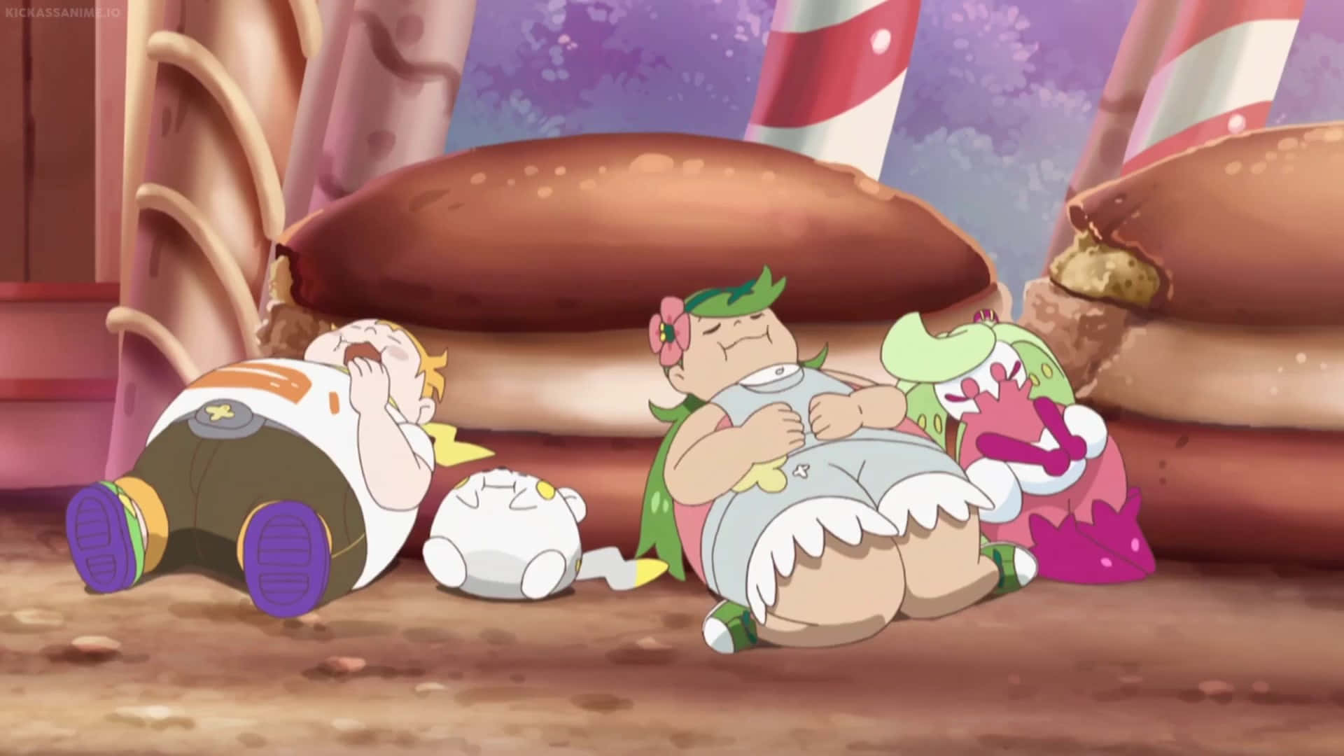Togedemaru Sleeping Near Sophie and Mallow in the Pokémon Anime Wallpaper