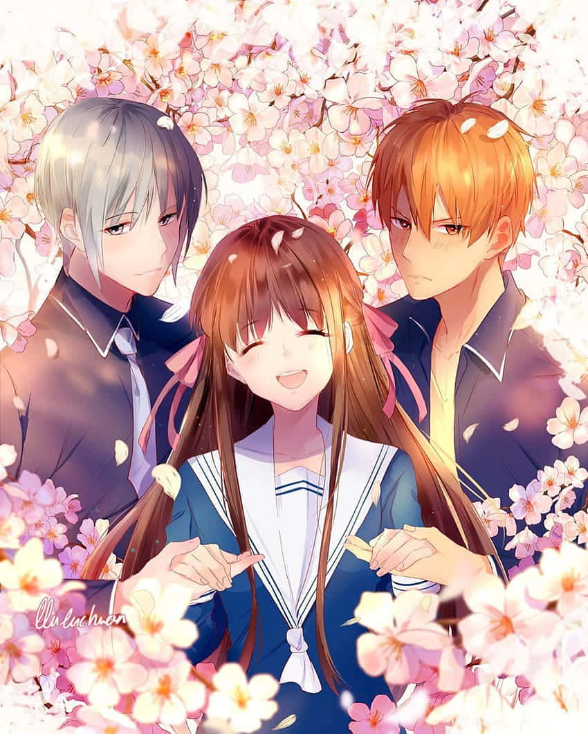 Tohru Yuki og Kyo med blomster Frugt Kurv Anime Styled Wallpaper Wallpaper