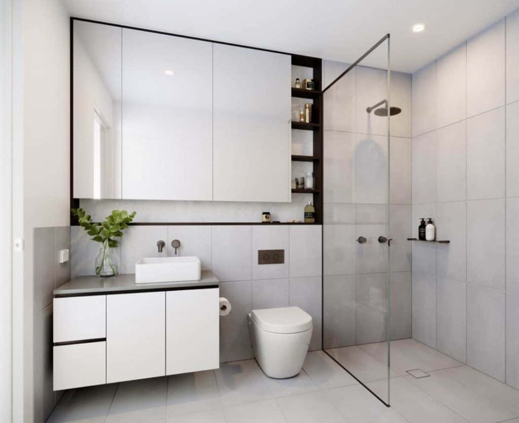 Modern bathroom interior with sparkling white toilet