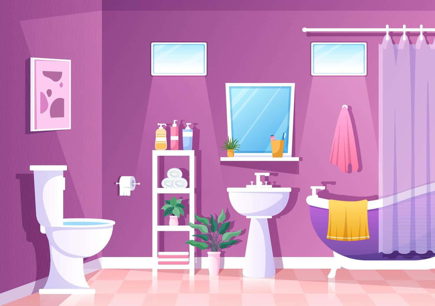 A Bathroom With Purple Walls And A Bathtub