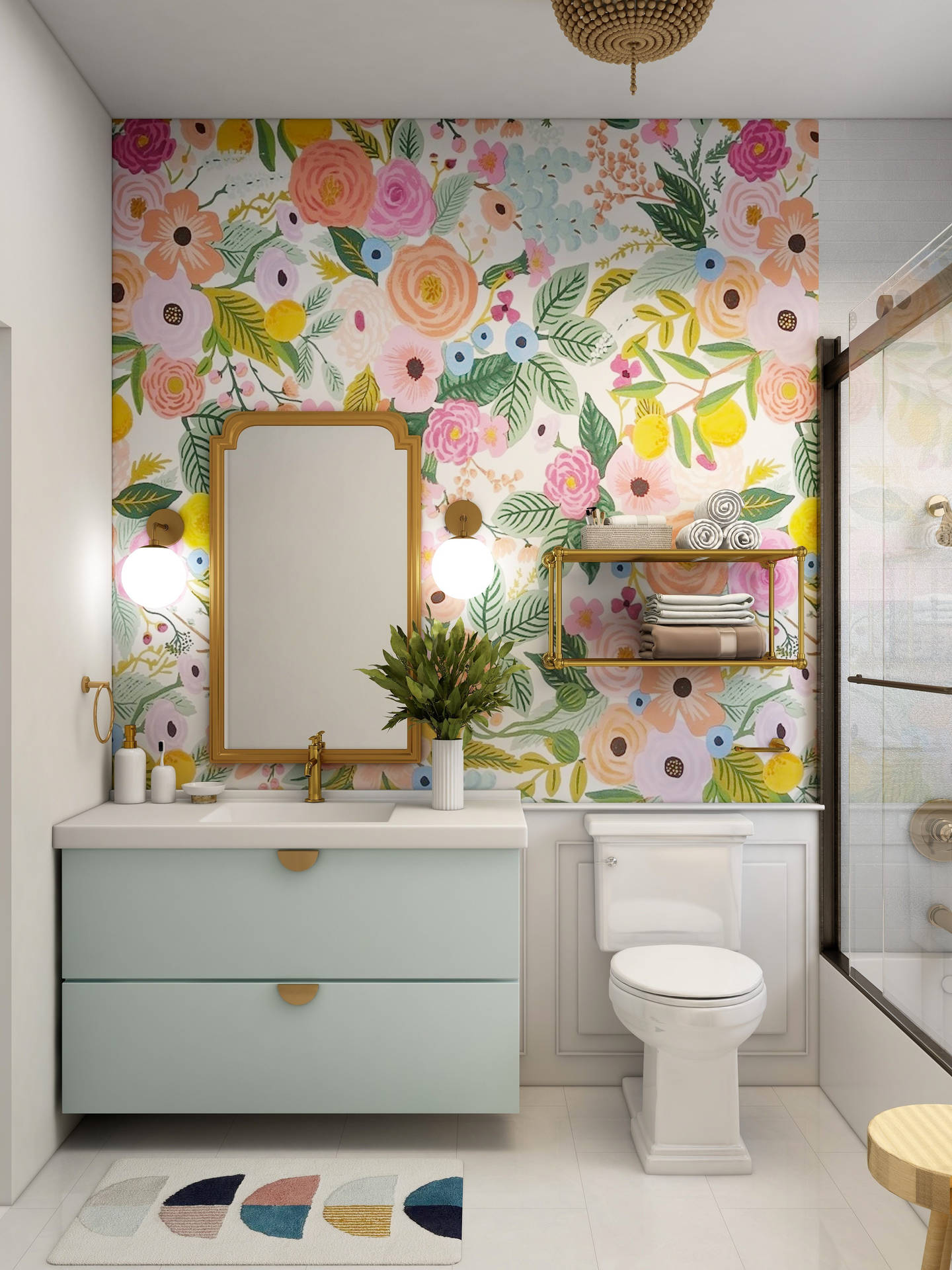 Toilet Bathroom Pastel Floral Wallpaper