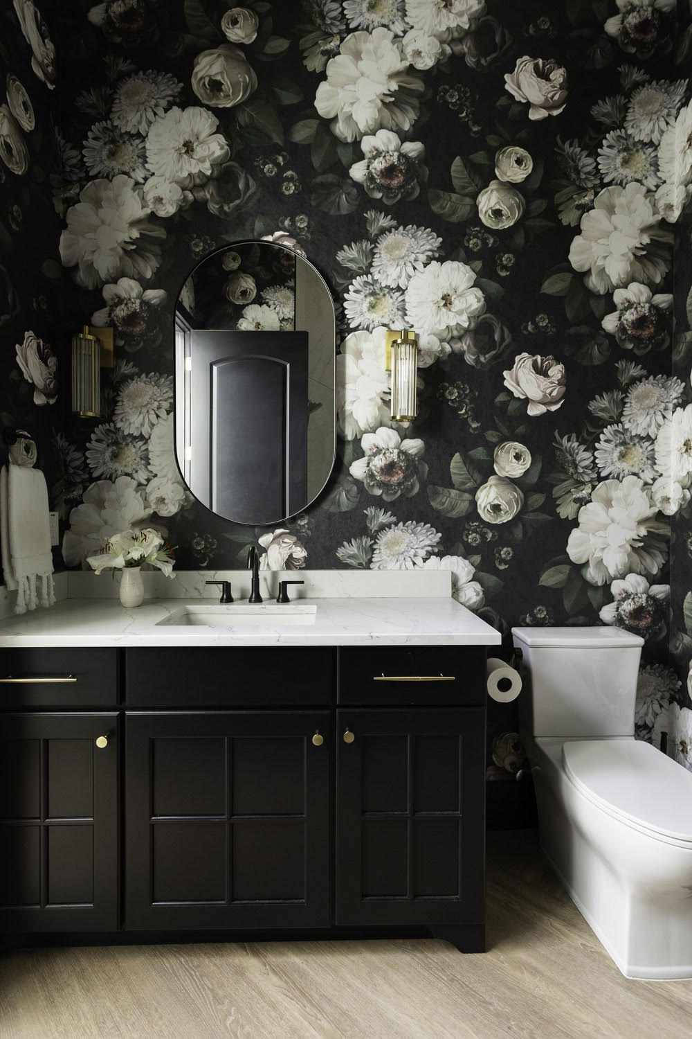 Toilet Dark Floral Powder Room Wallpaper
