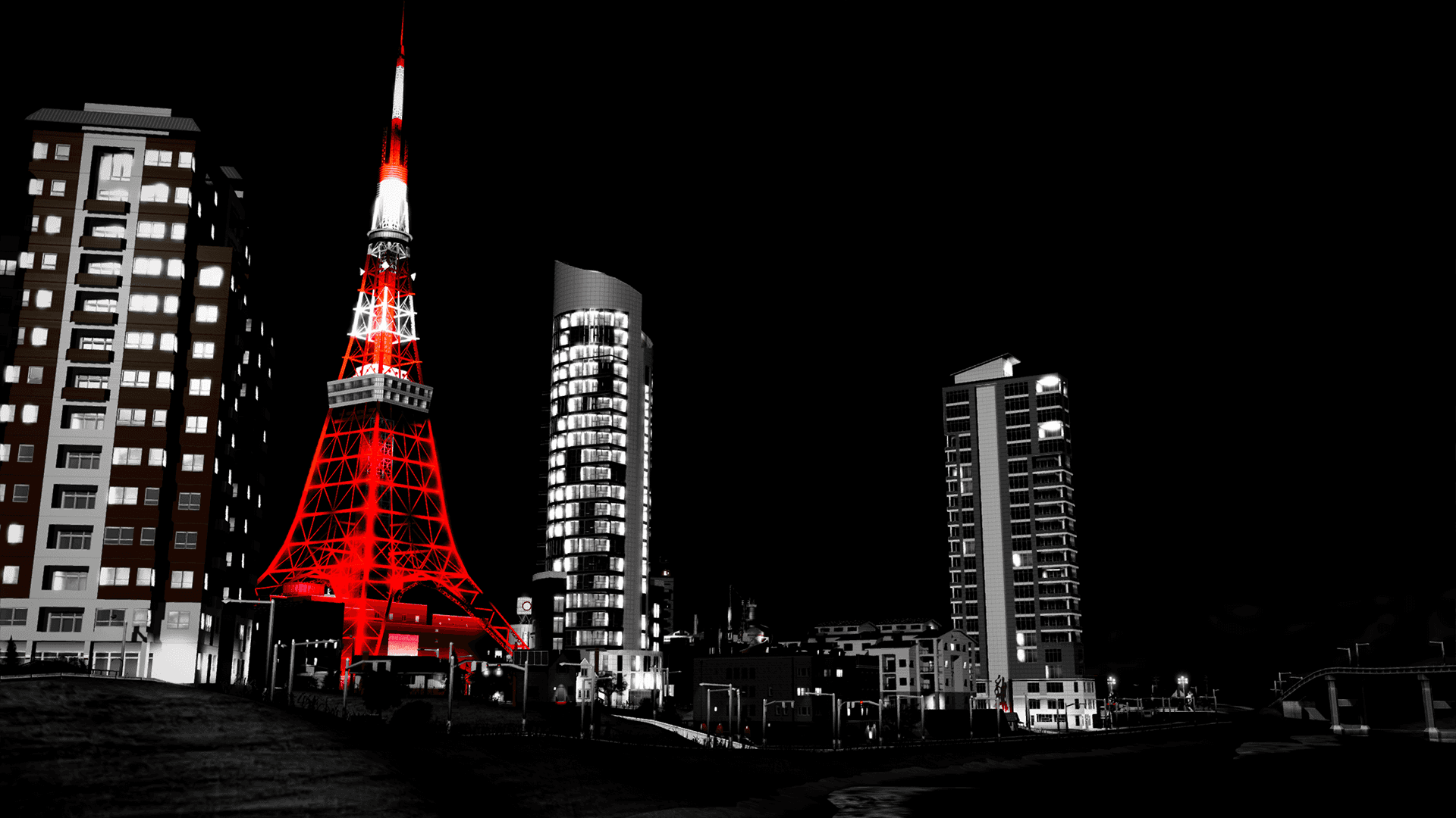 Tokyo Background Tokyo Tower Red Light Background — A striking red Tokyo Tower stands illuminated against a black night sky, surrounded by monochrome skyscrapers with glowing windows.