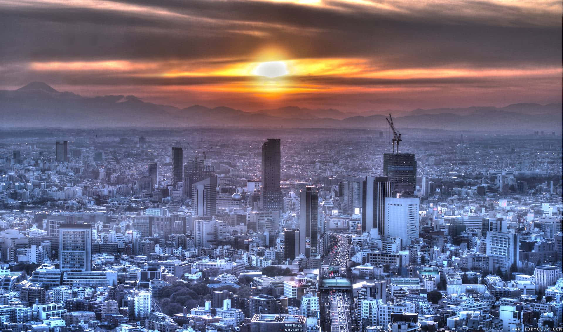 Tokyobakgrund Solnedgång Över Staden
