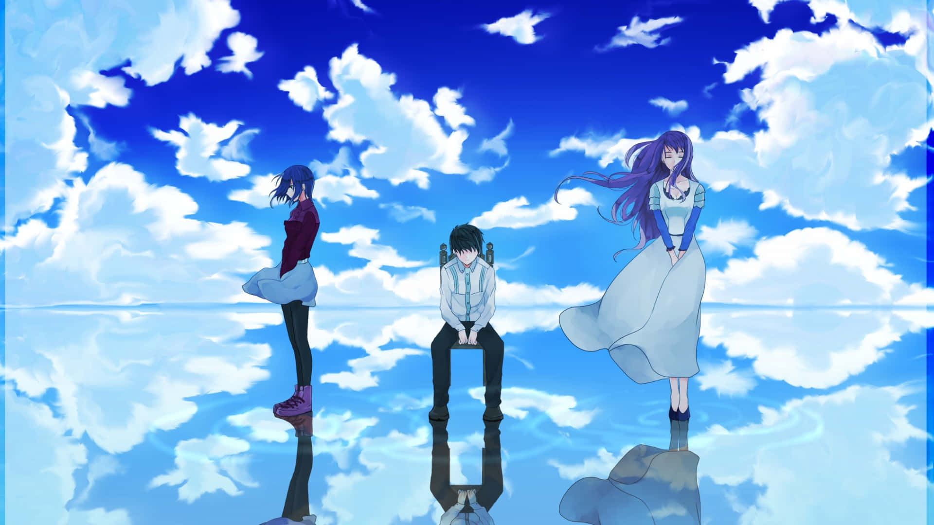 Three Anime Girls Standing In The Clouds Wallpaper