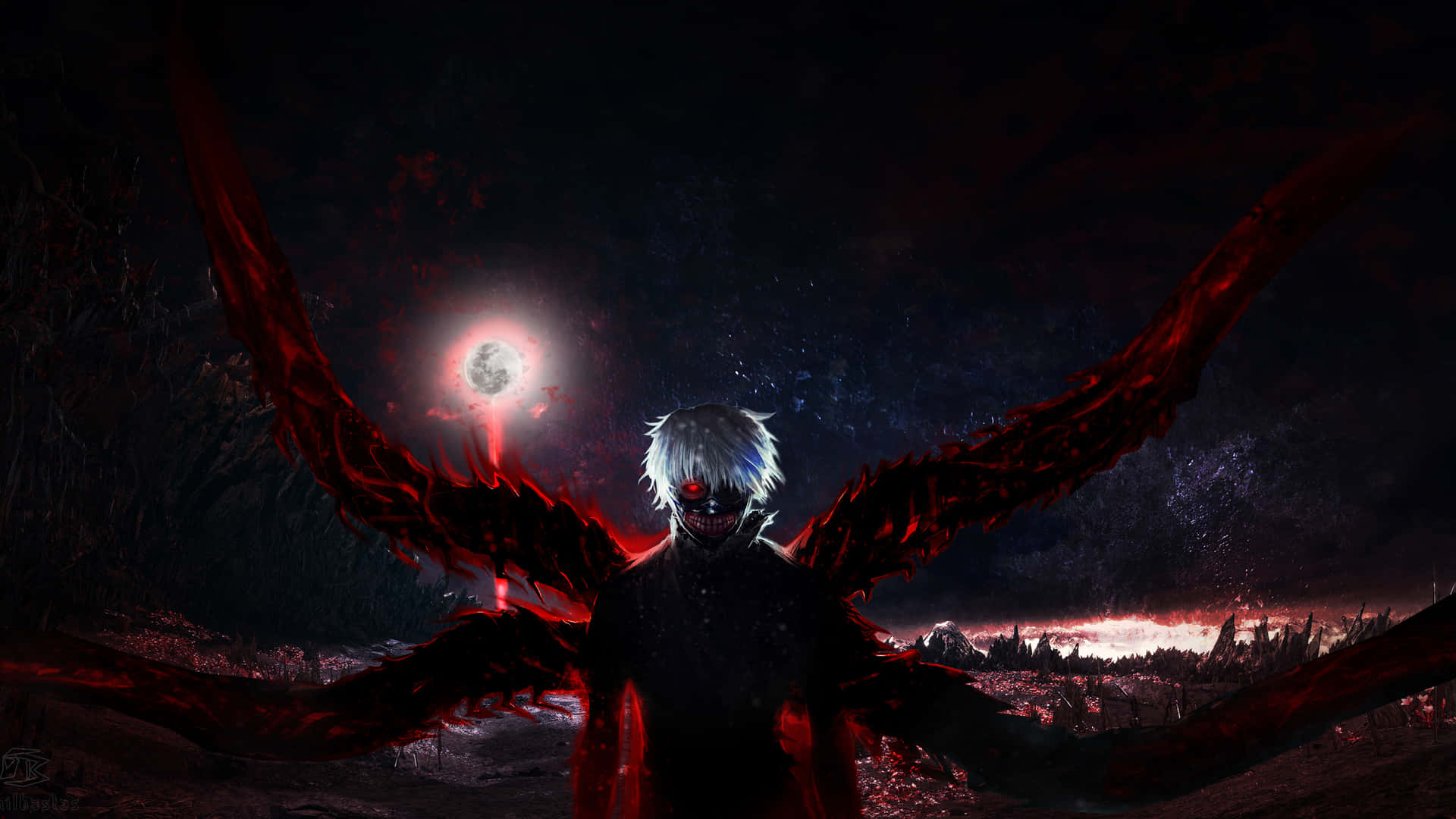 En mand med vinger og et rødt lyssværd, som flyver gennem en stjerneklædt nattehimmel. Wallpaper