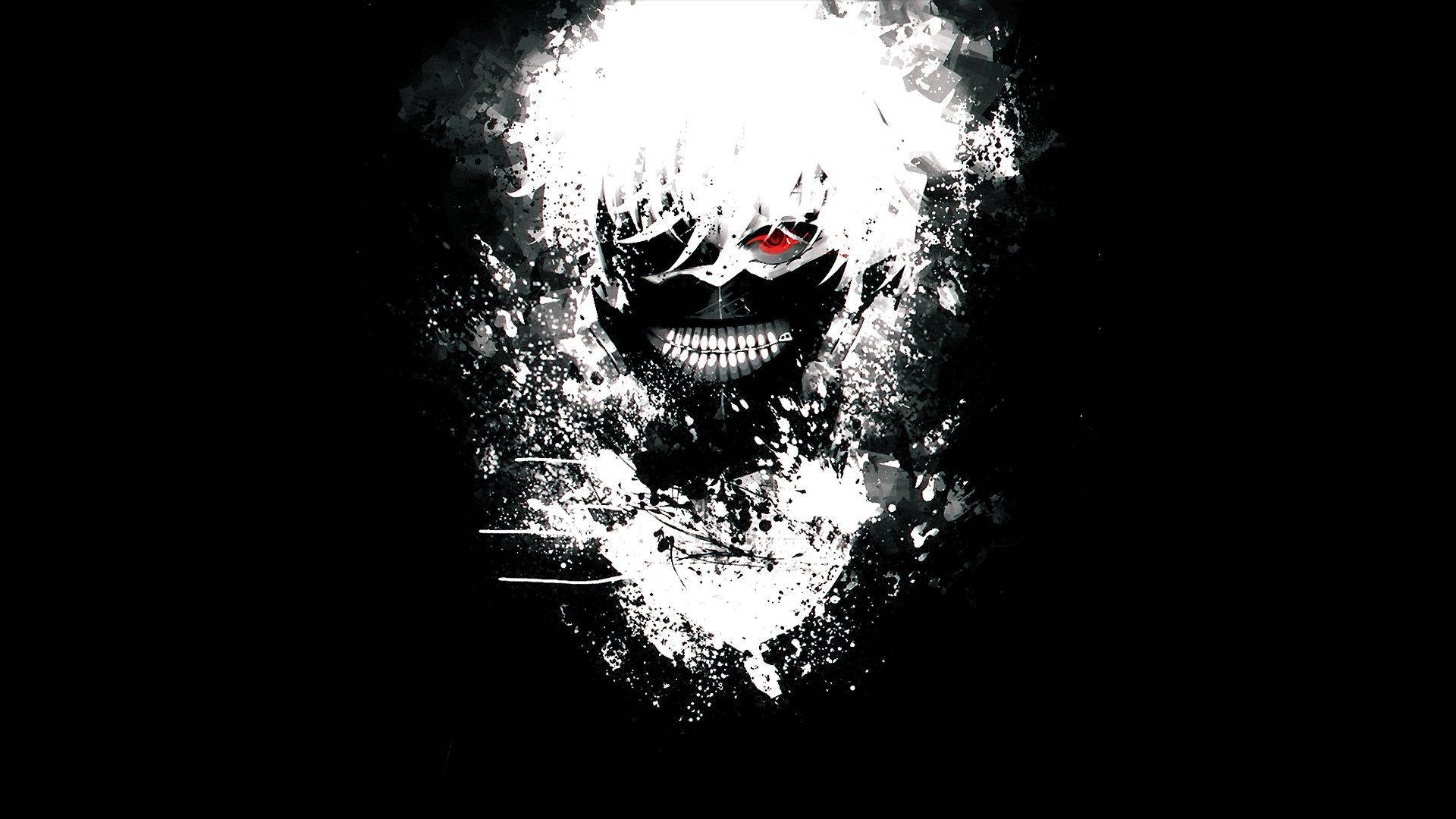 Kaneki Ken stands powerful, with eyepatch and mask. Wallpaper