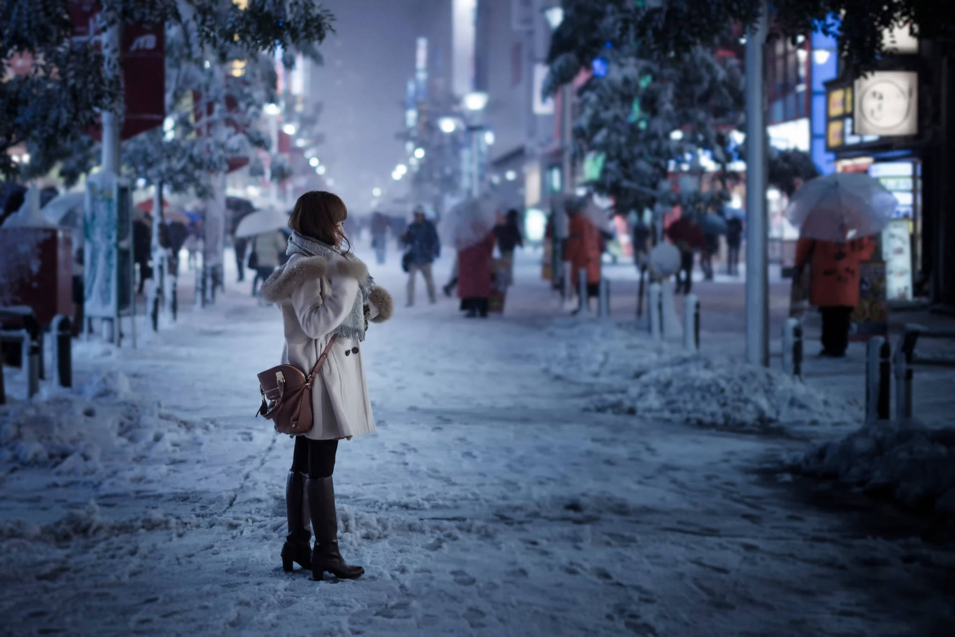 Tokyo Japan Girl Snowy Night Wallpaper