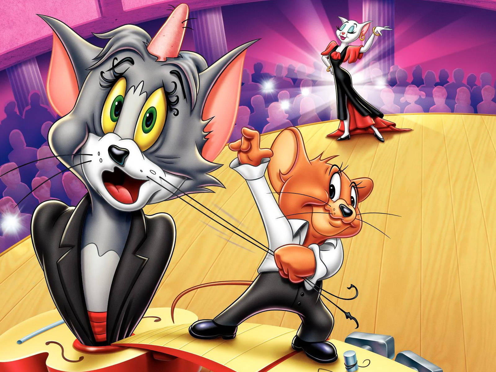 Tom og Jerry iPhone On Stage tapet: Dette bemærkelsesværdige tapet bringer to af de mest kendte tegneseriefigurer til scenen. Wallpaper