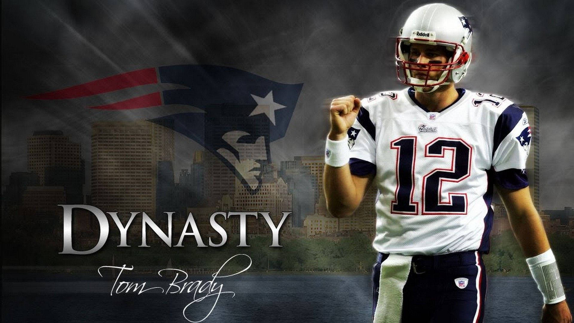 Tom Brady Silver Patriots Dynasty Logo Wallpaper