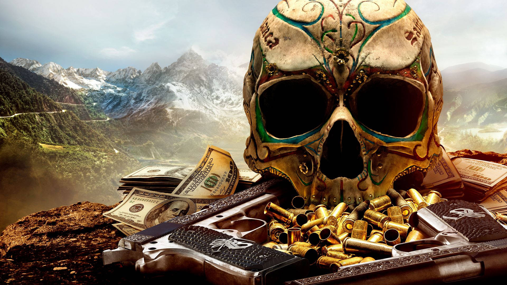 Tom Clancy's Ghost Recon Wildlands Skull And Guns Wallpaper