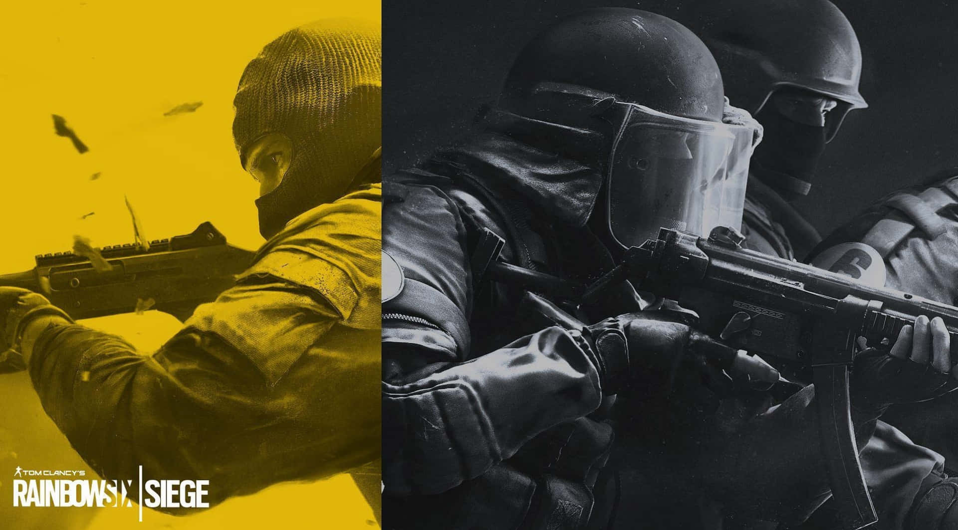 En sort og gul billede af to soldater med geværer. Wallpaper