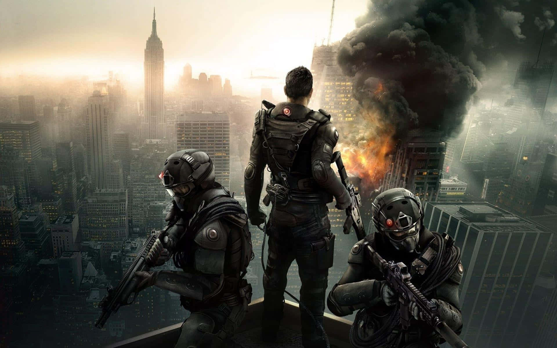 En gruppe soldater står på toppen af ​​et bygning med røg og ild Wallpaper