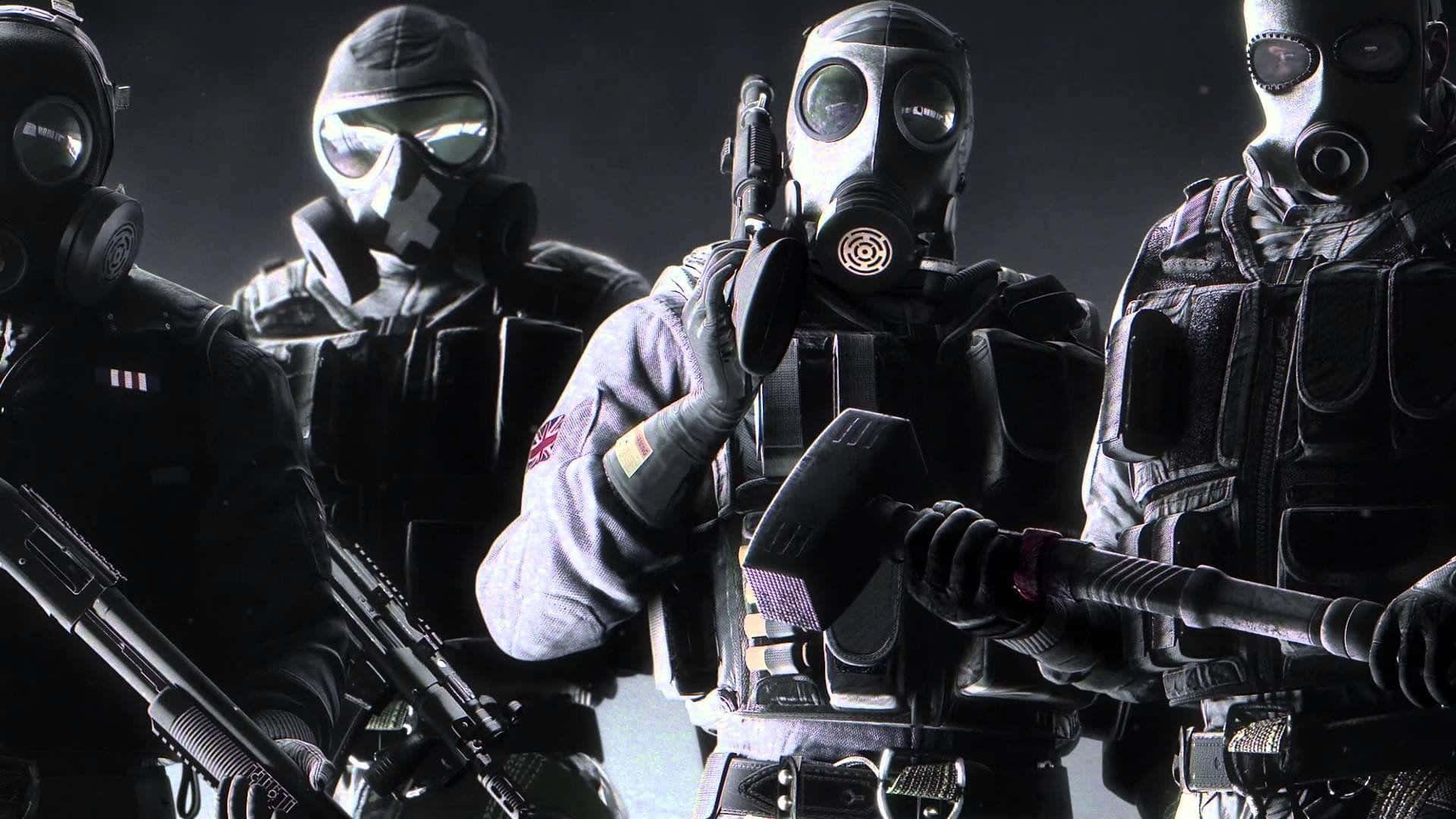 En gruppe soldater i gasmasker med geværer Wallpaper