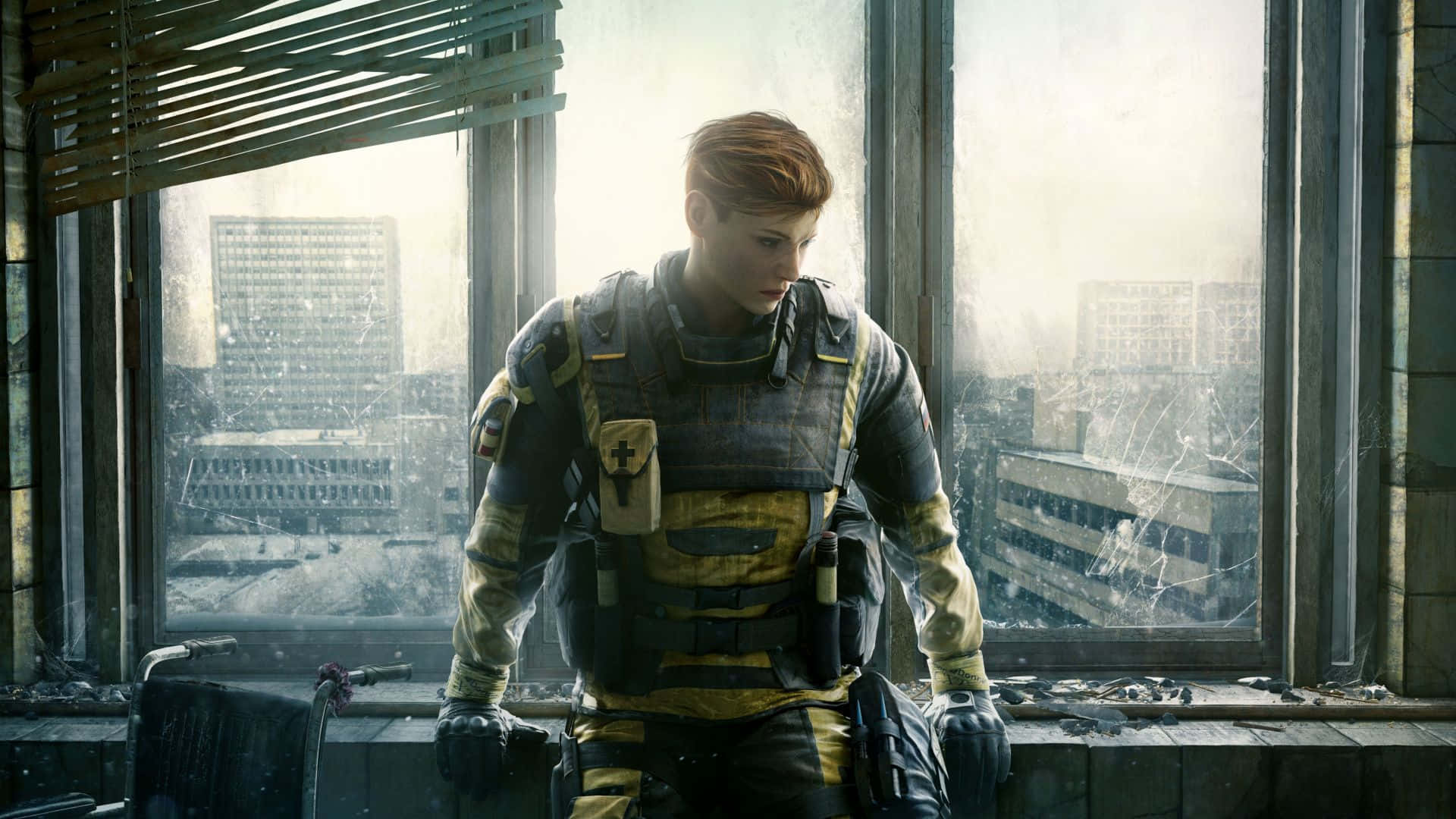 A Man In A Yellow Uniform Standing In Front Of A Window Wallpaper
