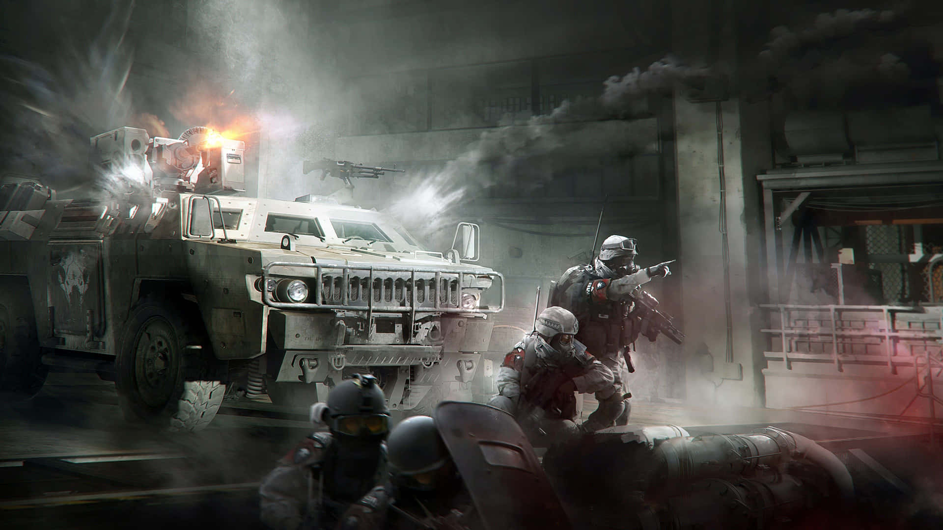 En gruppe soldater står ved siden af en lastbil Wallpaper