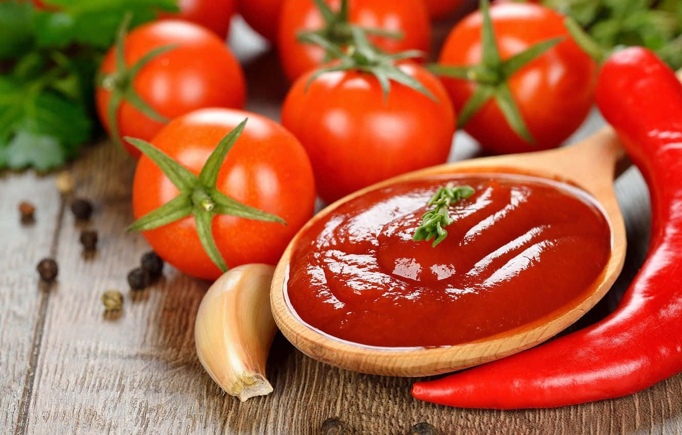 Tomater,paprika Och Ketchup På Ett Träbord