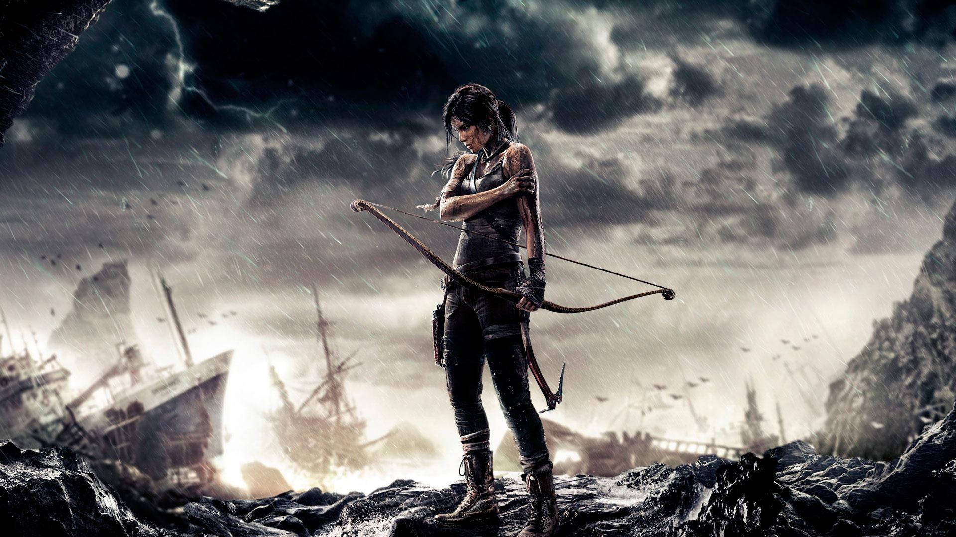 Tombraider 9 Lara Croft In Mare Durante La Pioggia Sfondo