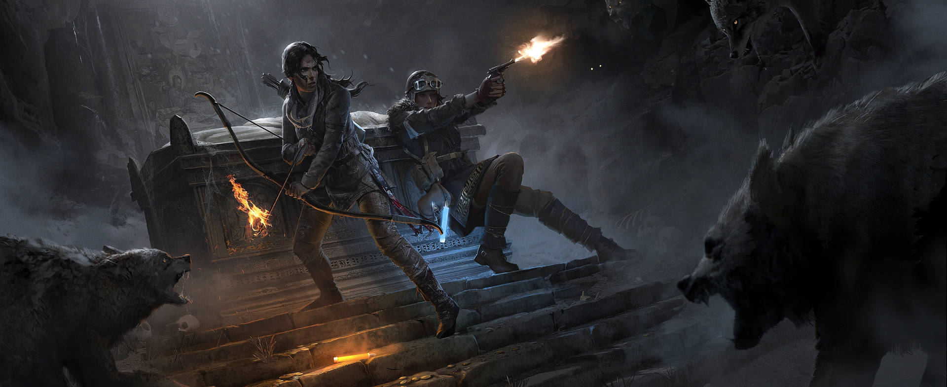 Tombraider 9: Lara Croft Luchando Contra Enemigos Fondo de pantalla