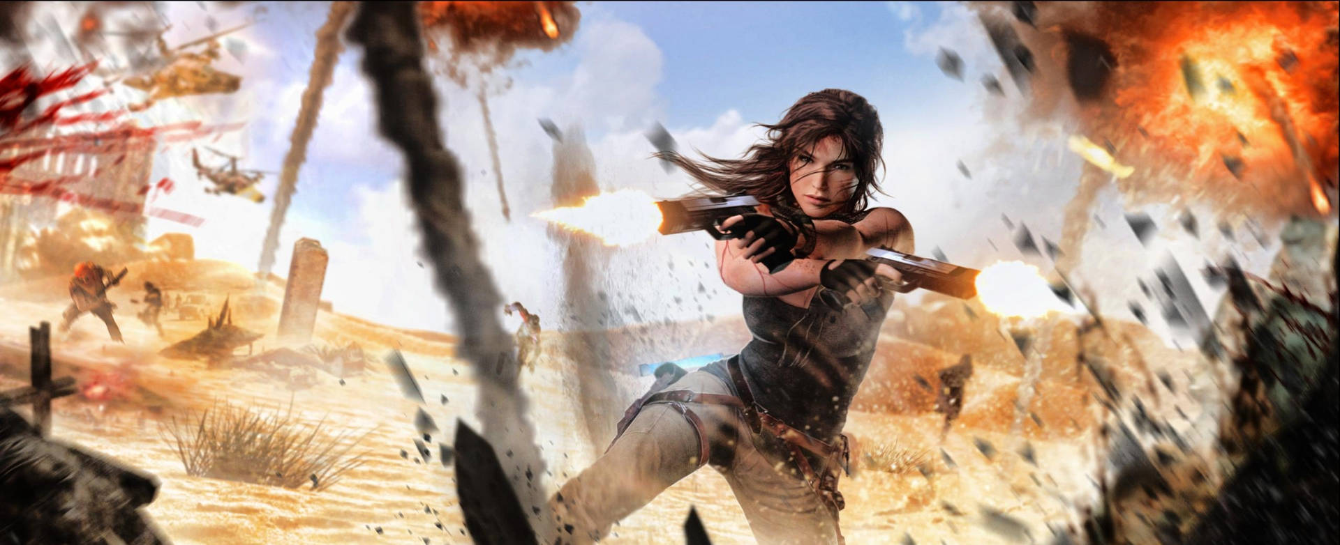 "Lara Croft in her classic outfit battles a dangerous enemy in Tomb Raider 9." Wallpaper