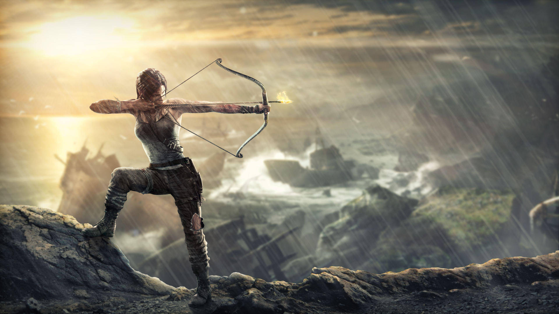 Tombraider-spelaren Lara Croft Som Bågskytt. Wallpaper