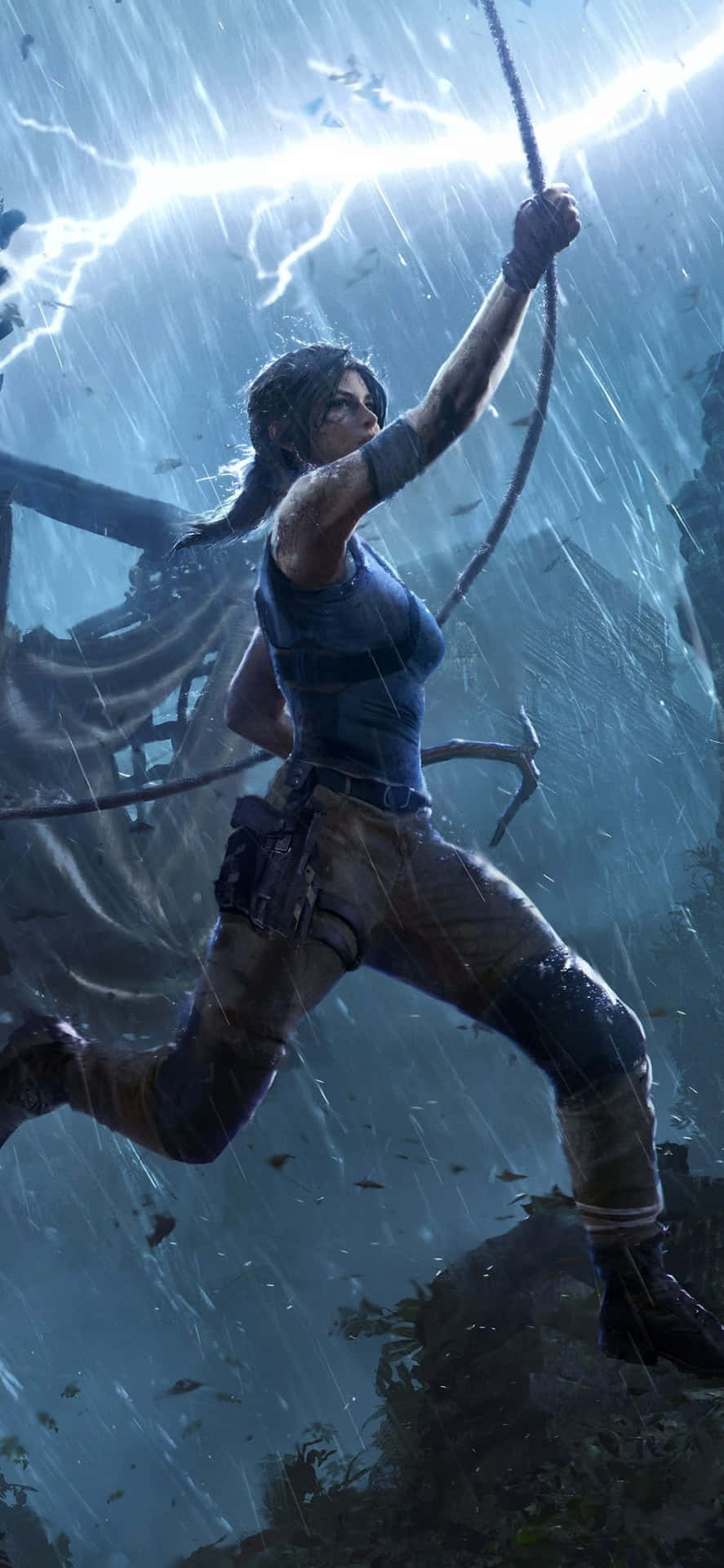 The Tomb Raider Is Running In The Rain With A Lightning Bolt Wallpaper