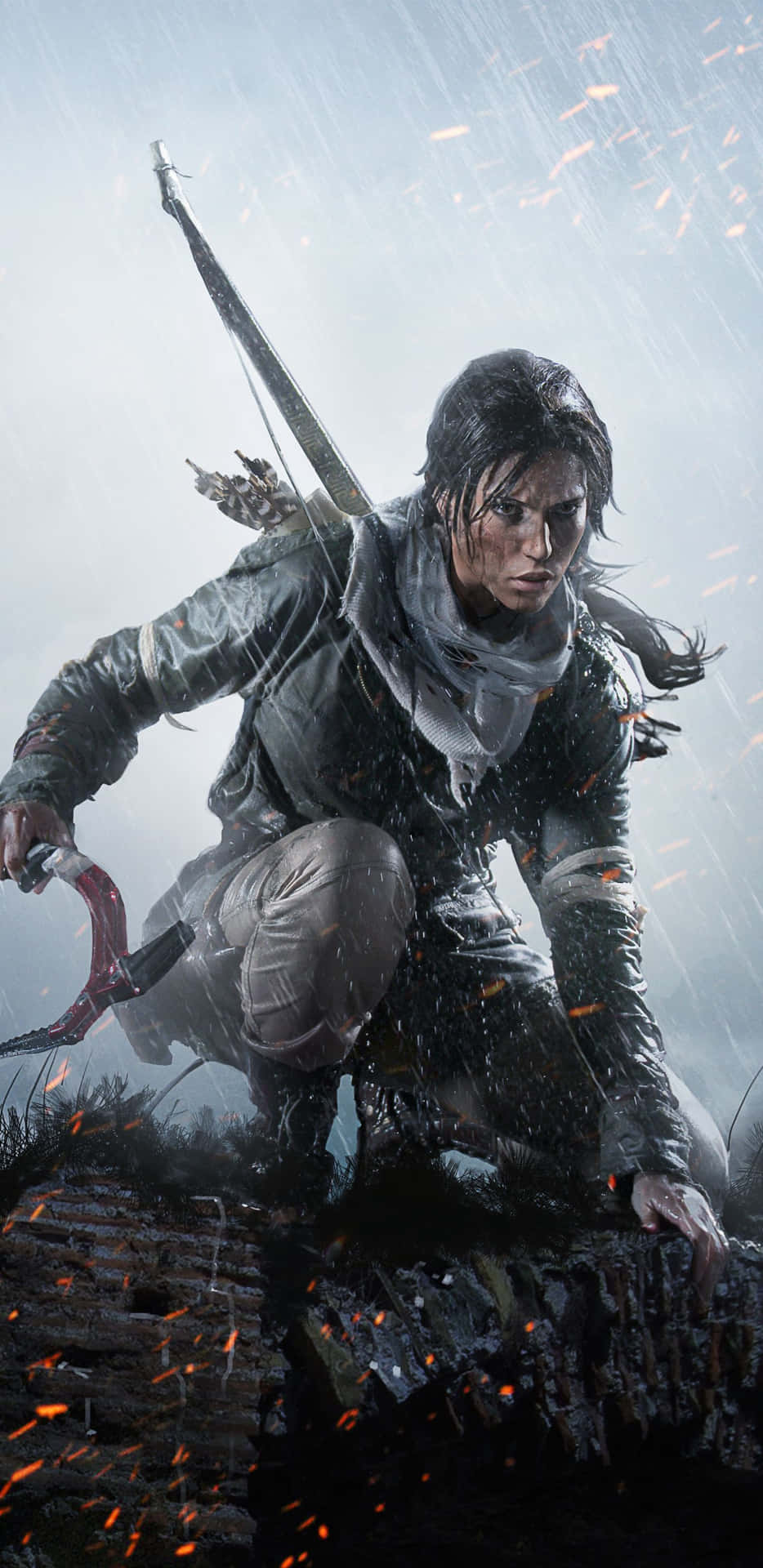 Den Tomb Raider står på en bakke med en bue Wallpaper