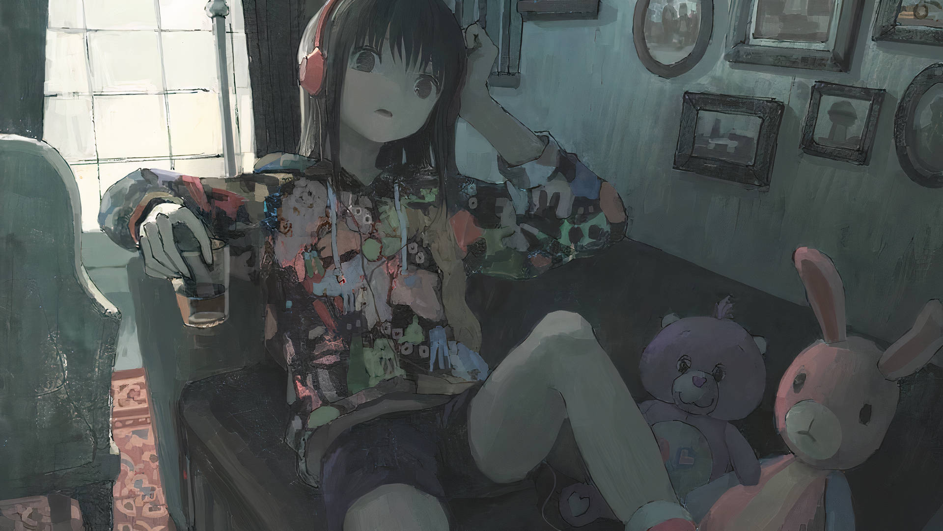 Tomboy Anime Girl With Stuffed Animals Wallpaper