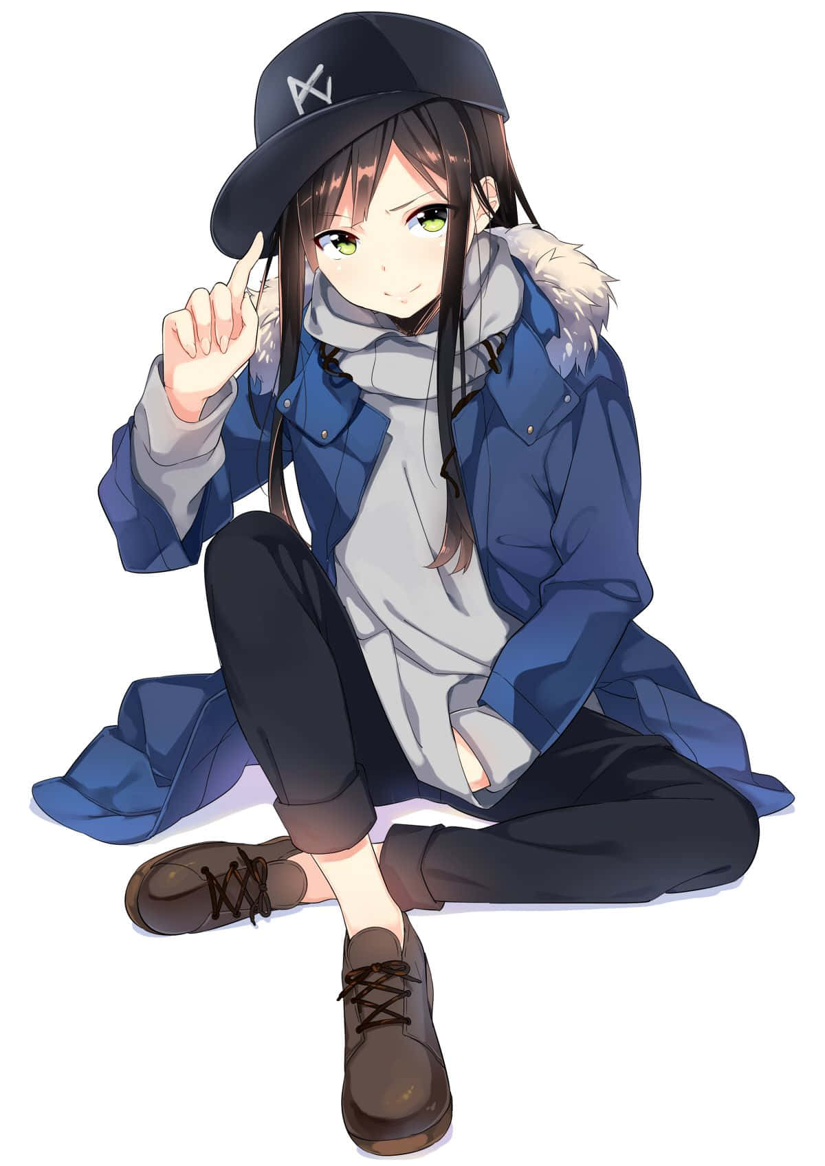 A Girl In A Blue Jacket And Hat Sitting Down Wallpaper