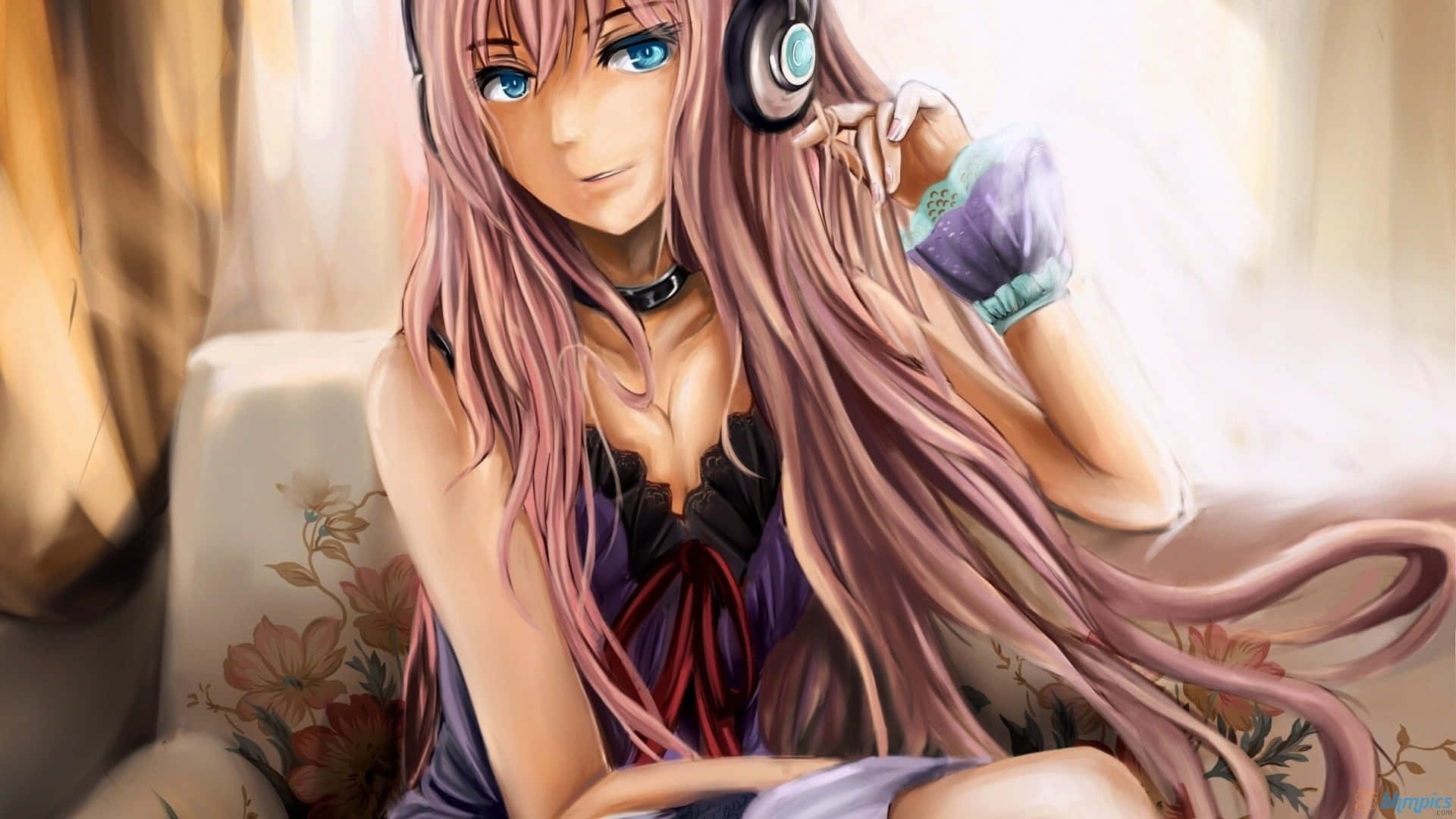 A Girl With Pink Hair And Headphones On Wallpaper