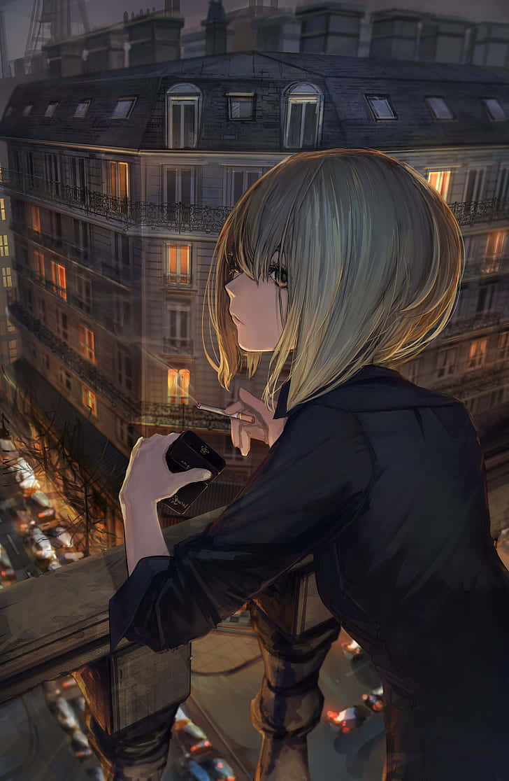 En pige ser ud over byen om natten Wallpaper