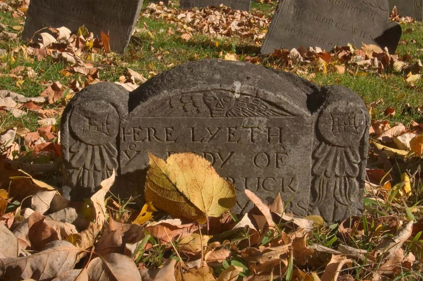 A Gravestone With Leaves In The Background