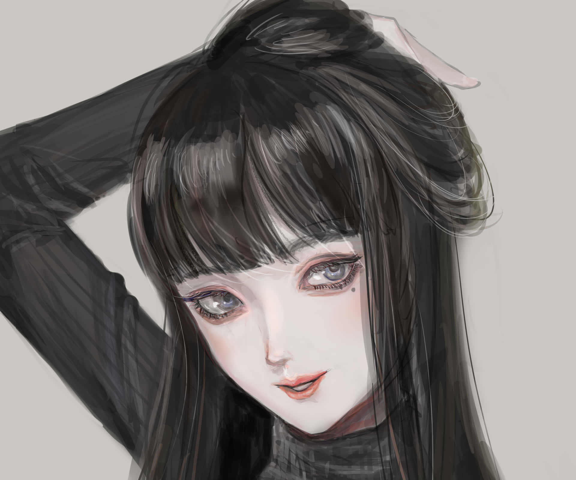 En tegning af en pige med langt sort hår Wallpaper