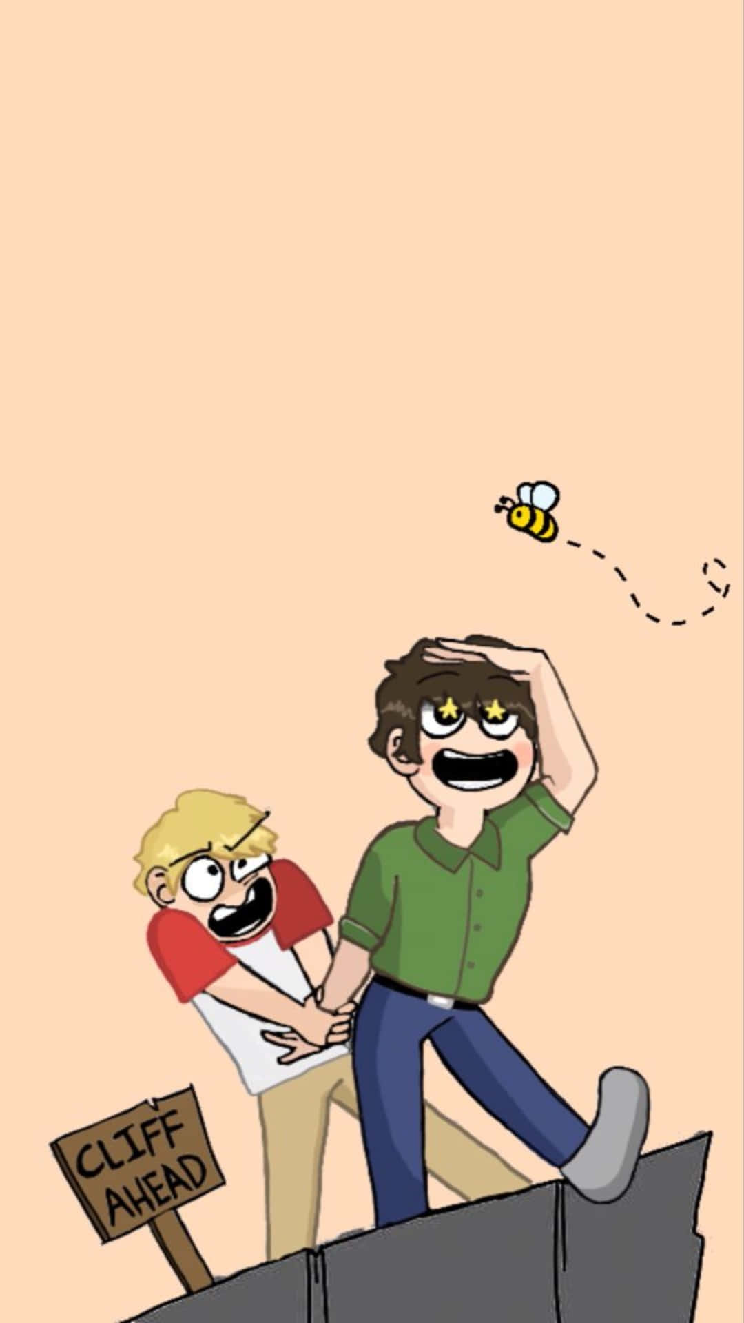 A Cartoon Of Two People On A Cliff With A Sign Wallpaper