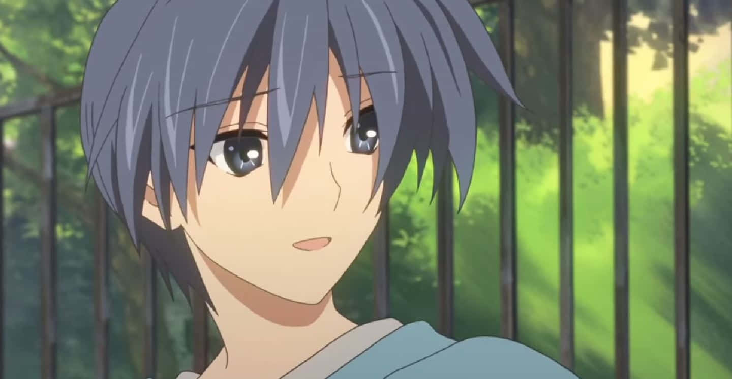 Tomoya Okazaki, De Protagonist Van De Clannad Anime, In Een Denkende Houding Achtergrond