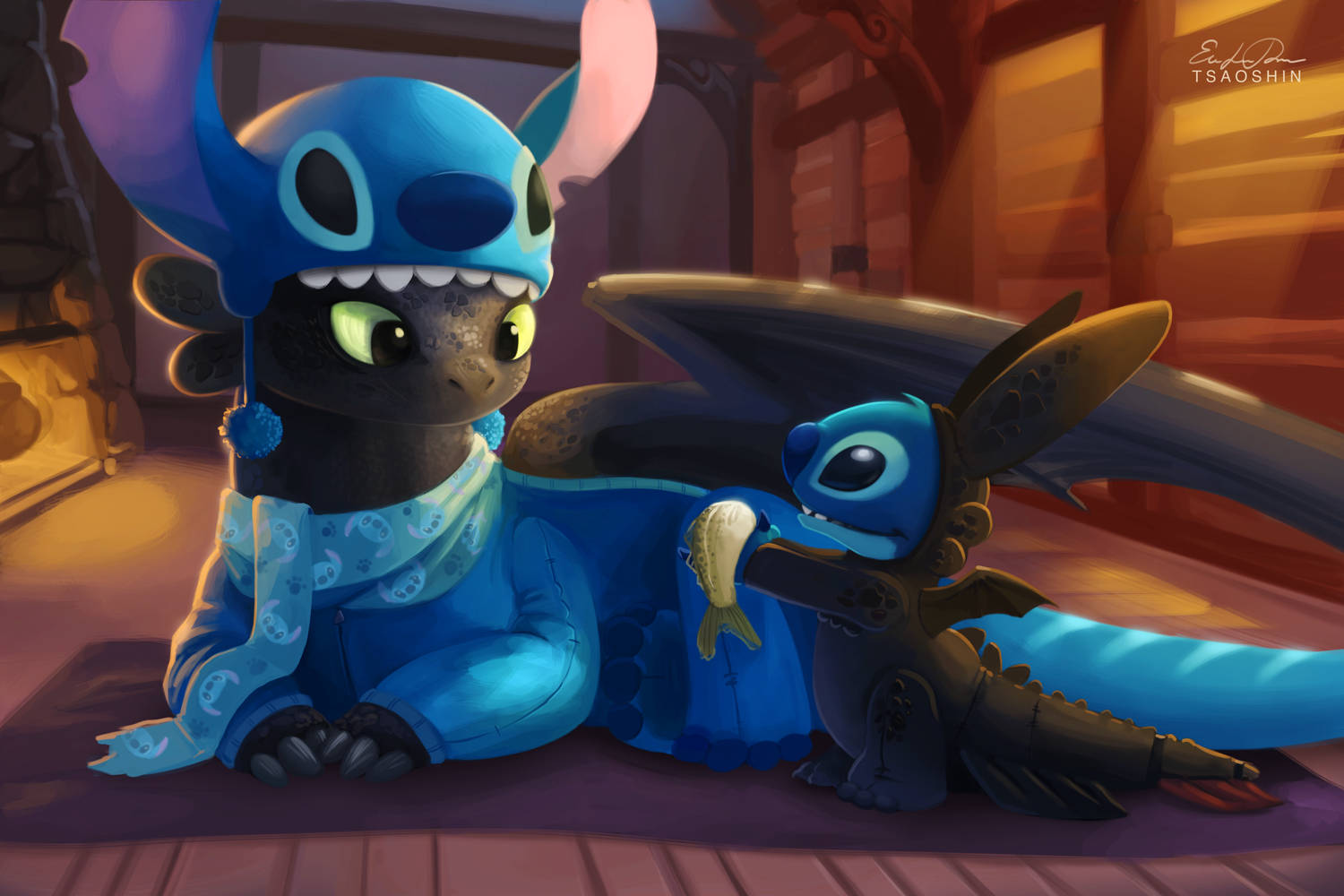 Stitch and Toothless exchanged jumpsuit costume fan art wallpaper.