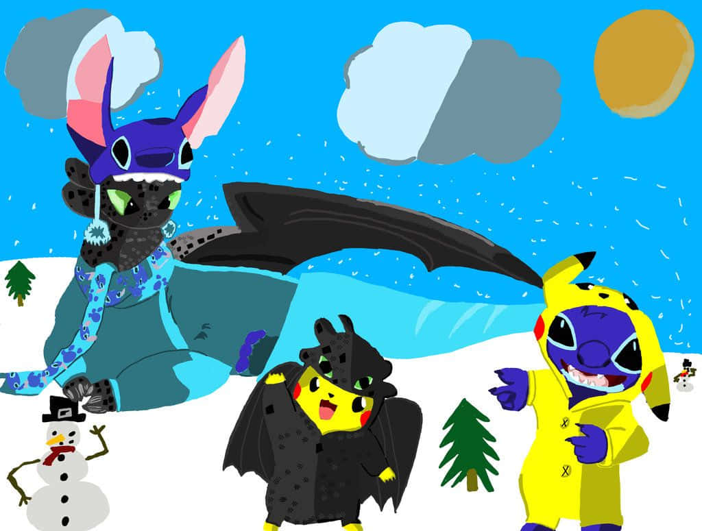 Costumidi Toothless And Stitch In Versione Pikachu. Sfondo