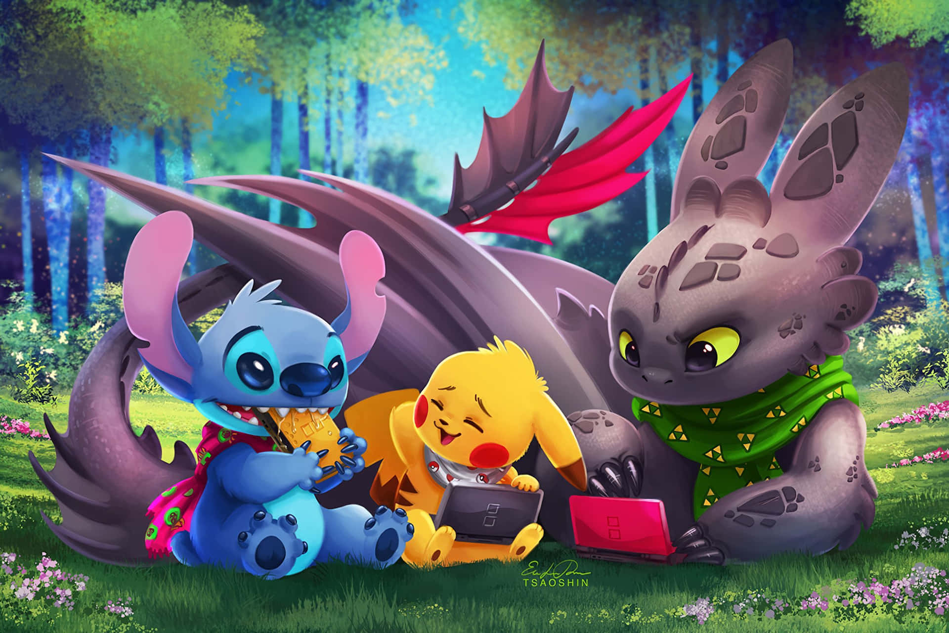Toothlessy Stitch Pikachu En El Bosque Fondo de pantalla