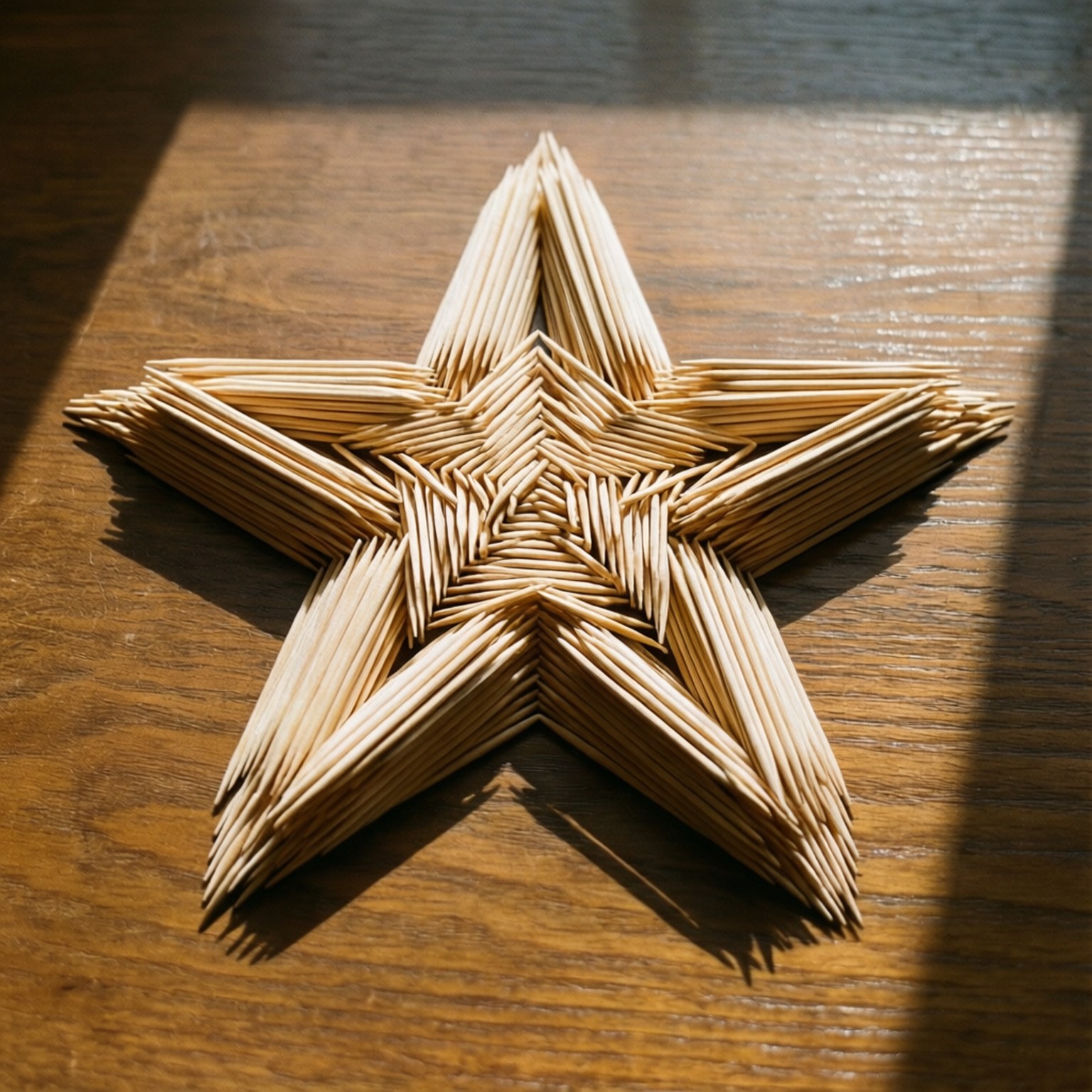 Wallpaper geometris tusuk gigi berbentuk bintang di atas kayu.